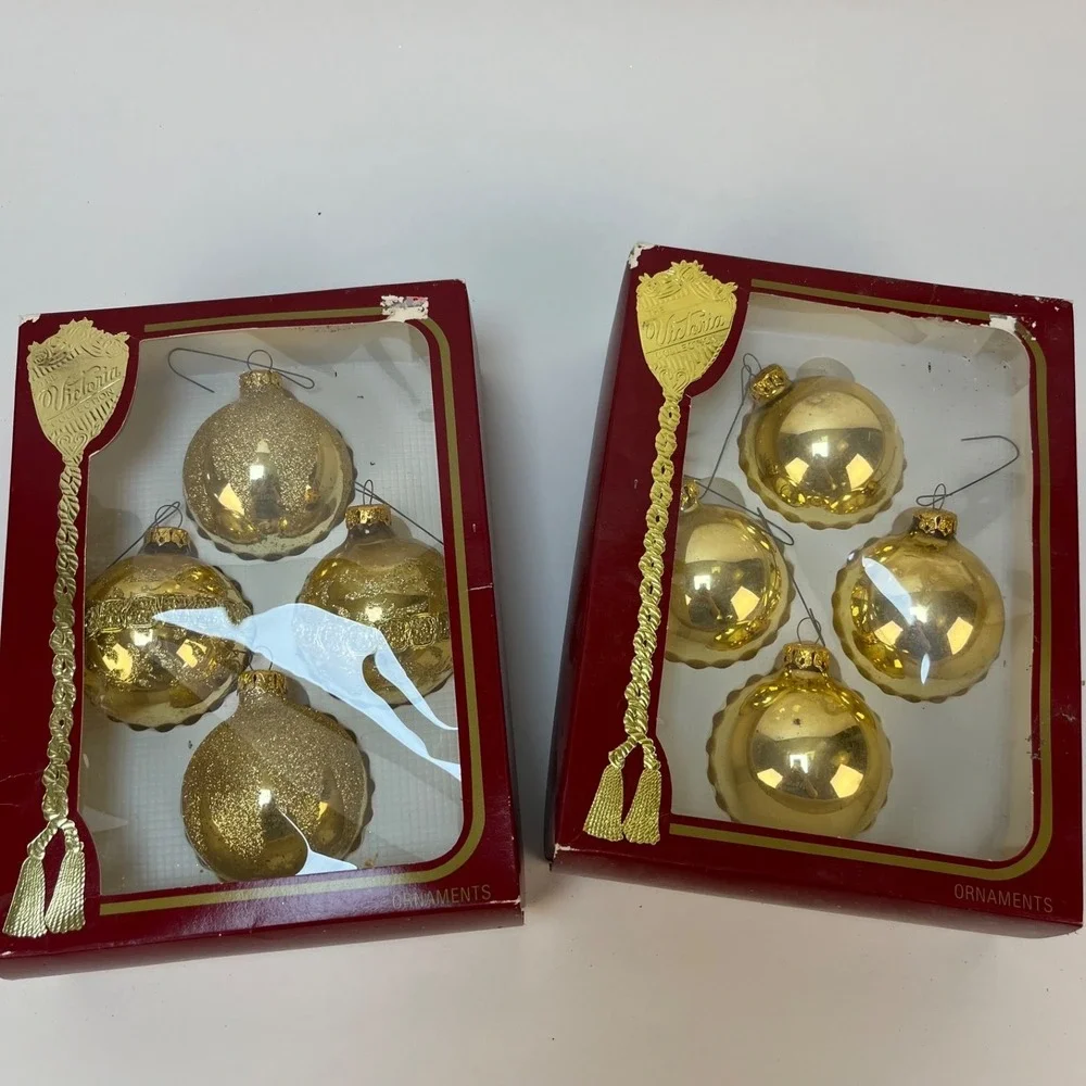 Vtg  Victoria Collection Gold Glitter‎ Glass Christmas Ornaments- 2 Boxes